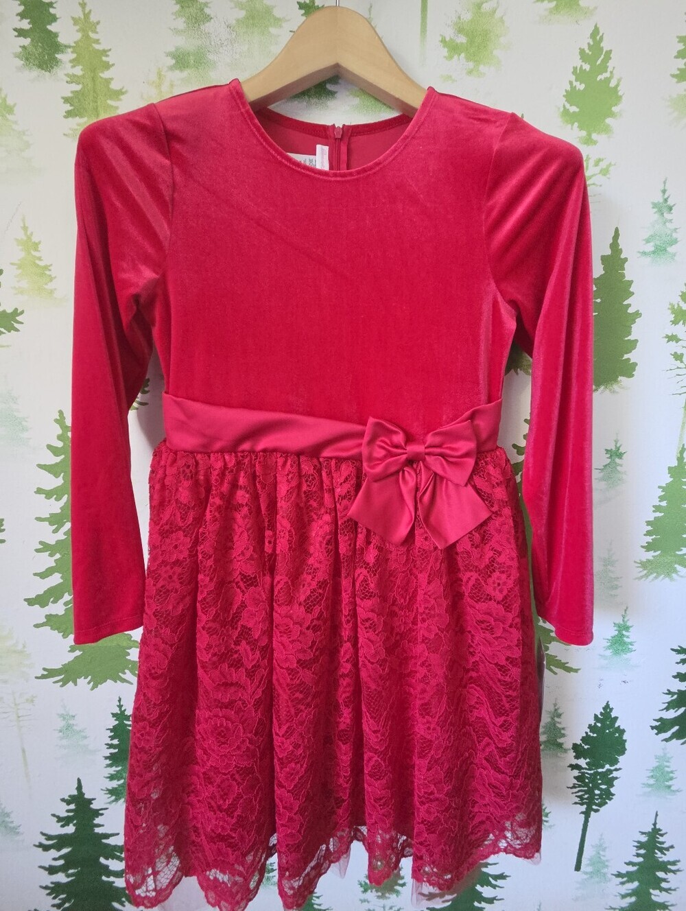 Girls' Red Lace & Velvet Bow Party Dress